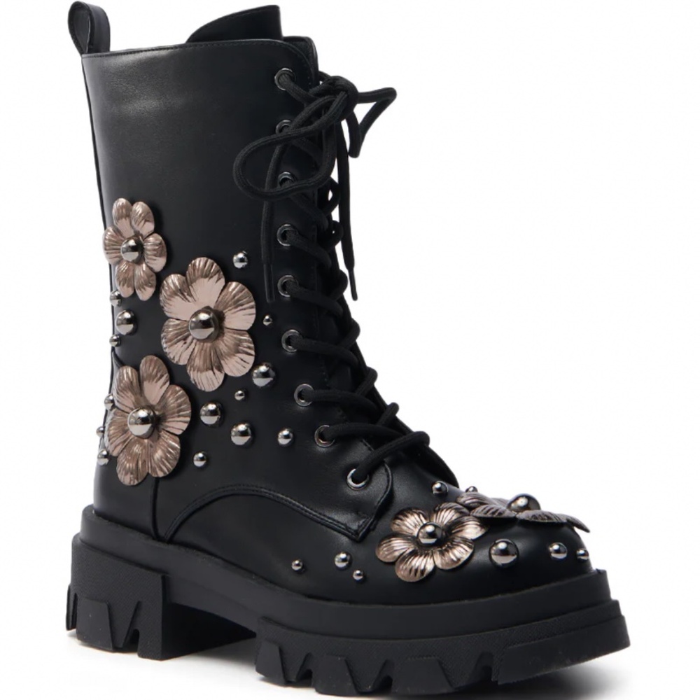 AZALEA WANG ORQUIDEA BLACK FLORAL EMBELLISHED COMBAT BOOTIE - 10 - Picture 5 of 7